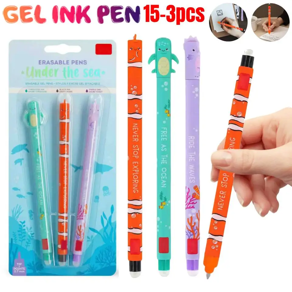 15-3ks vymazateľné perá sada sada 3 písacích gélových pera Kawaii Cartoon Gel Pens morské zvieratá Neutrálne pero plynulé písanie pre domácu školu