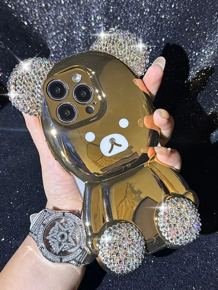 15 Pro Case Luxury Glitter Diamond Electroplated 3D Bear Bling Rhohninestones TELEFÓN PANEL pre iPhone 13 14 Pro Max 15 11 12 prípady