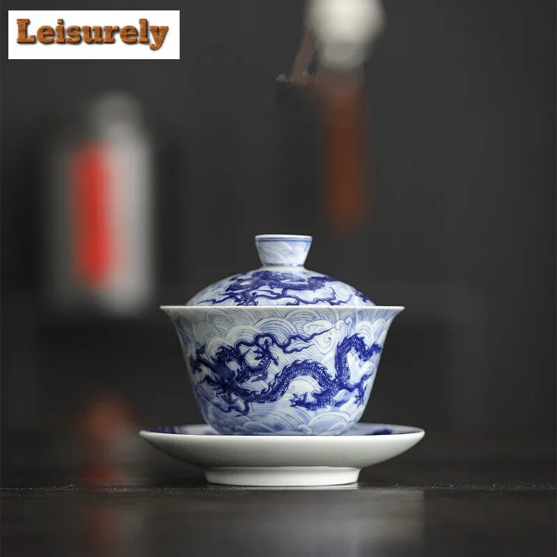 150 ml Jingdezhen Blue and White Gaiwan Antique Dragon Pattern Teuen Tureen Tea Maker Cover Misa Elegantné čajové ozdoby