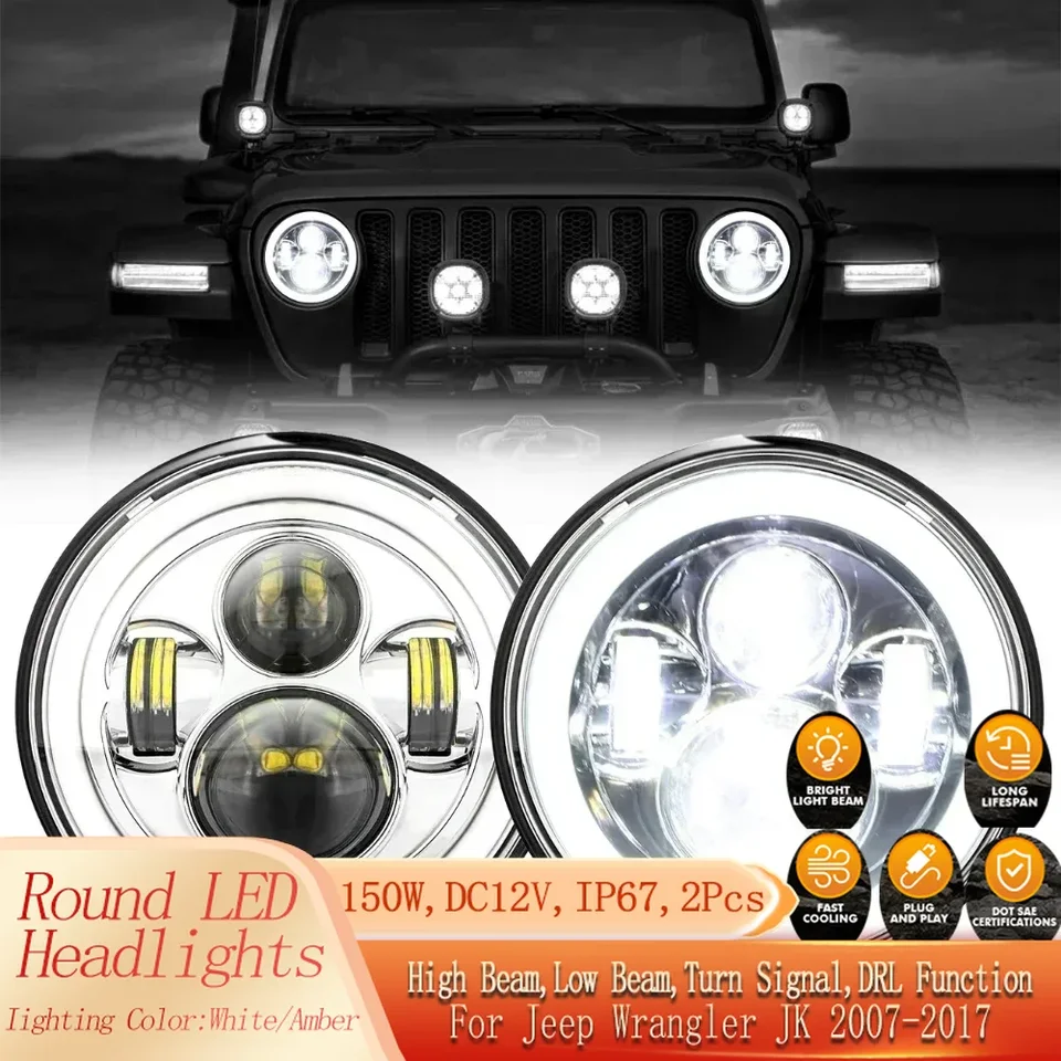 150 W 7-palcový LED svetlomet pre Jeep Wrangler JK 2007-2017 Hi/Low Beam Daytime Runn Runn Rundolm DRL Hnak Chrome Lamp