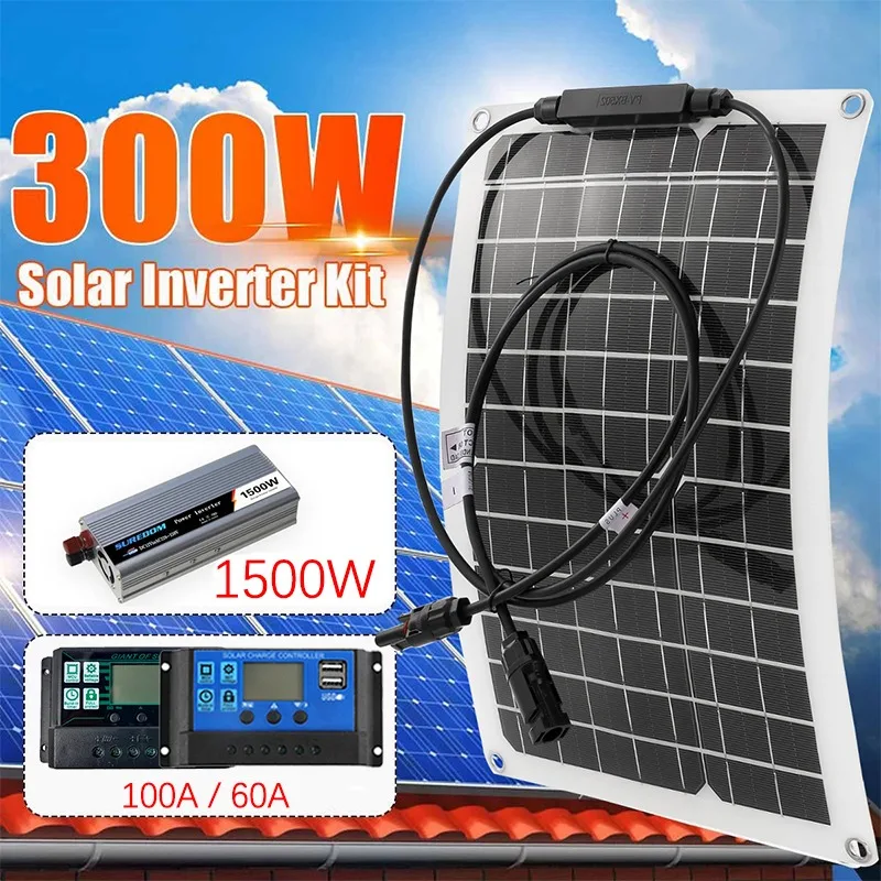 1500/1000/800W Solárna súprava Solar Power System 300W Flexibilný solárny panel 60/100A Solárny ovládač prenosný generátor pre automobilové lode