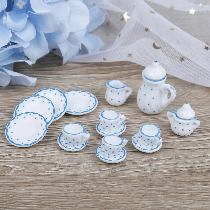 15ks 1:12 Dollhouse Miniature Blue Dot Taveware Porcelin Coffee Tea Cups Set