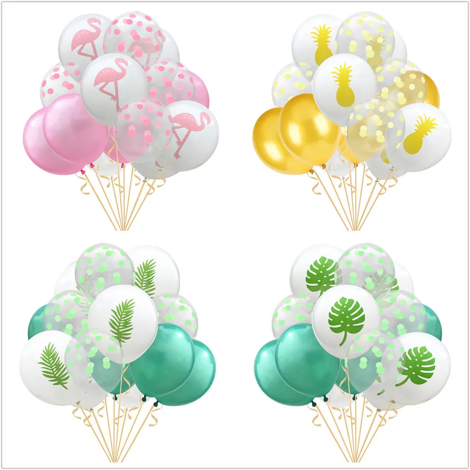 15ks 12 palcov zmiešané plameniaky ananásové bodky Balóny Round Animal Confets Balóny Pink latex Ballon havajský večierok dekor