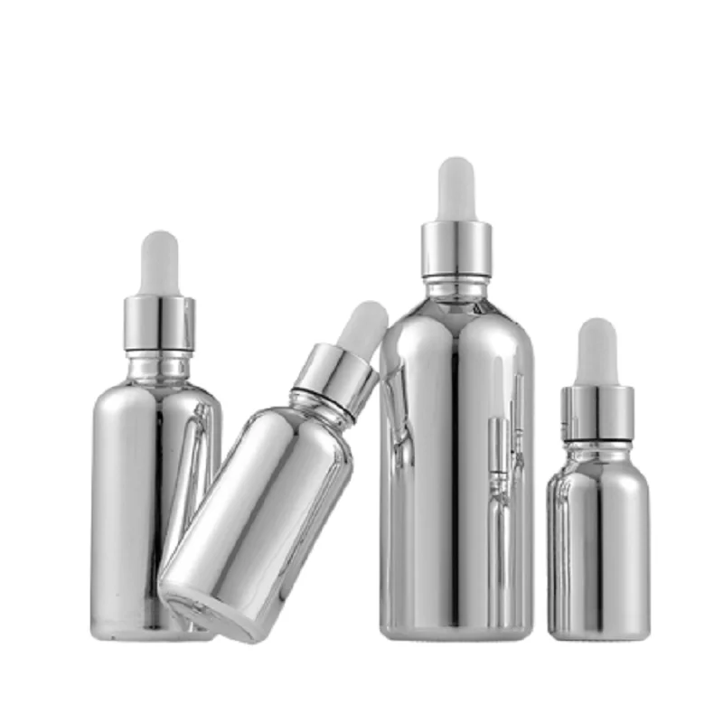 15ks kozmetické balenie fľaštičky prázdne striekajúce čerpadlo kvapkadlo Pipa Strieborný sklenený éterický olej fľaša 10 ml 15 ml 20 ml 30 ml 50 ml 100 ml