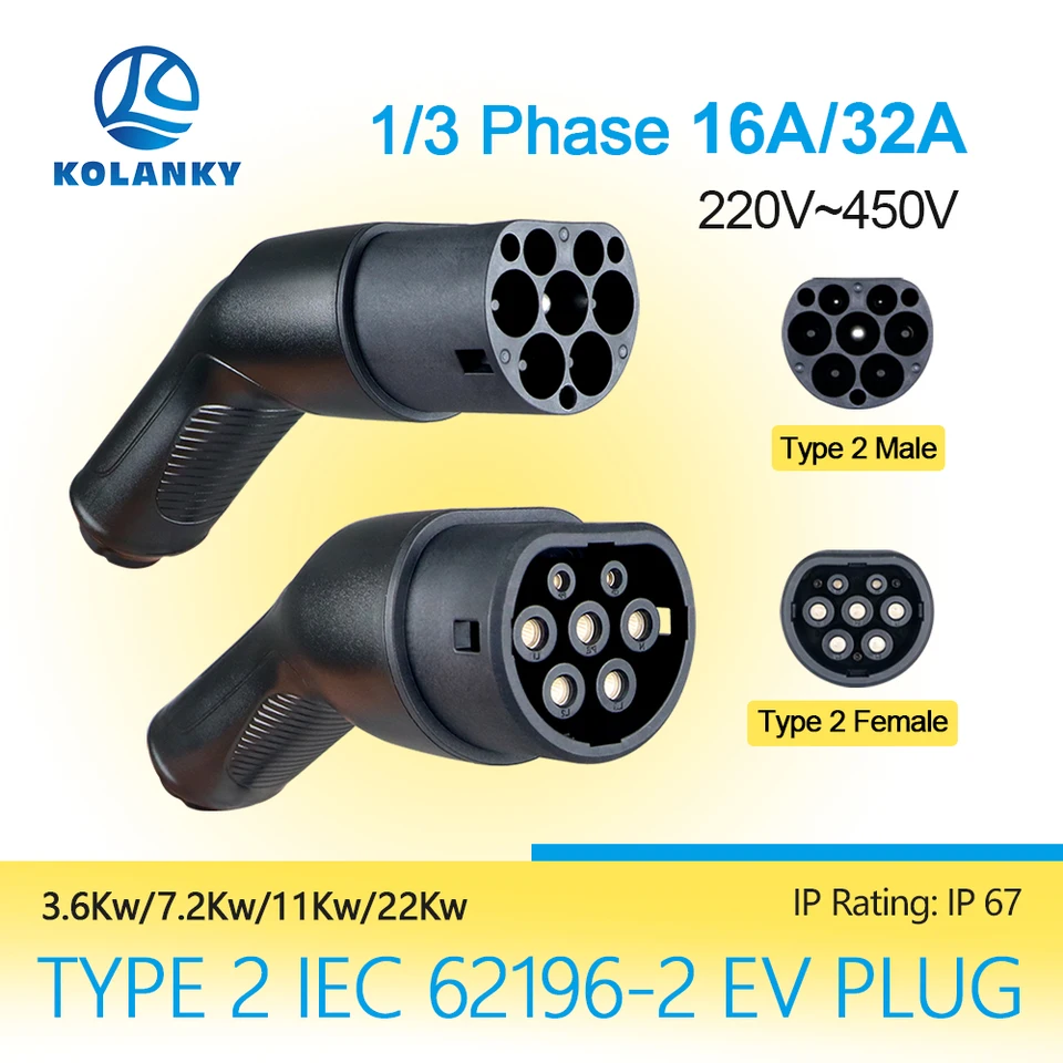 16/32A 3,6/7.2/11/22kW Typ 2 EV nabíjačka Plug Adapter IEC 62169 Muž/žena na nabíjaciu stanicu a konektor eletrického vozidla