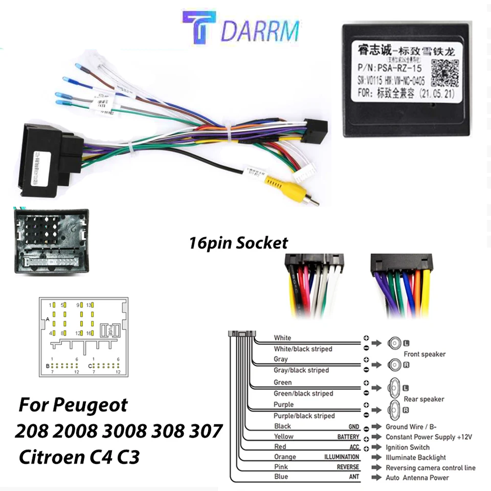 16 -kolík k káblovému zväzku Canbus Decoder Box Car Car Quad Lock Adapter pre Peugeot 208 2008 3008 308 307 Citroen C4 C3