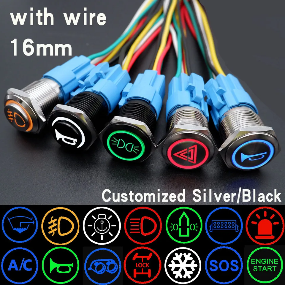 16 mm vlastné kovové tlačidlo Spínač Štart Stop LED LED pre motocykel vozidla Čierna/strieborná nepremokavá pevná resetová resetka OFF 12V 24V