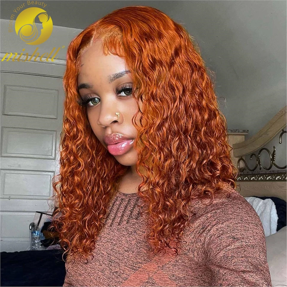 16 palcov 200% Hustota priehľadná 13x4 čipky čelné parochne Brazílske ľudské vlasy Parochne Ginger Orange Water Wave Curly Bob Parochne