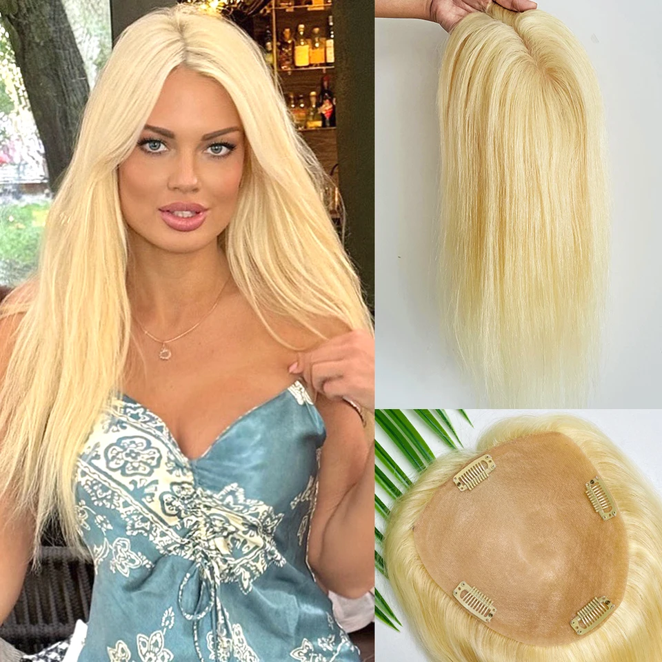 16 palcov #613 Blondínka hodvábna základňa Topper 5x5/6x6 palcov Európske ľudské vlasy Ženy Toupee Eailpiece Hodváb