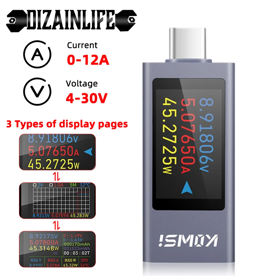 16 v 1 Type-C Digitálny DC Tester Voltmeter Ammeter Amperimetro napájací prúd Merač napätia Merač mobilného telefónu Detektor nabíjania 4-30V