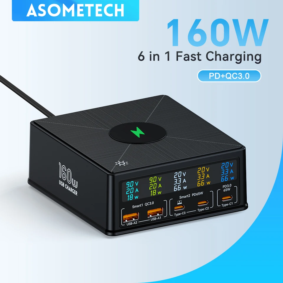 160 W 5 Port USB Charger Staion s 15 W bezdrôtové nabíjanie rýchleho nabíjačky USB-C PD 65W Quick Chack Charger pre iPhone14 13 Samsung Laptop