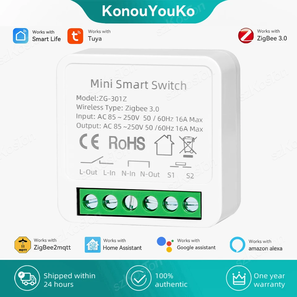 16A Tuya ZigBee3.0 Smart Switch Mini DIY Breaker Support 2way Control Smart Life App Diaľkové ovládanie pre HA 2MQTT Alexa Google