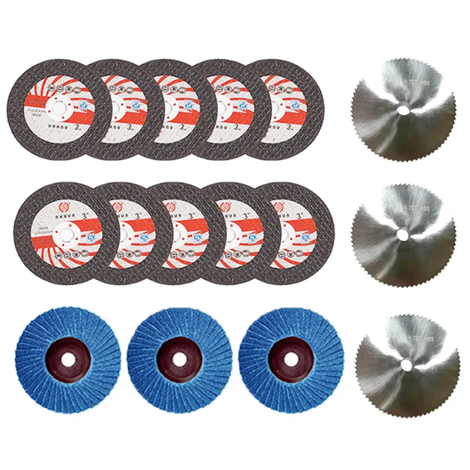 16ks 75x10 mm uhla brúsenie kolesa Sada kovových rezacích diskov HSS Karbid leštiaci list pre 12 V mini uhlový mlynček