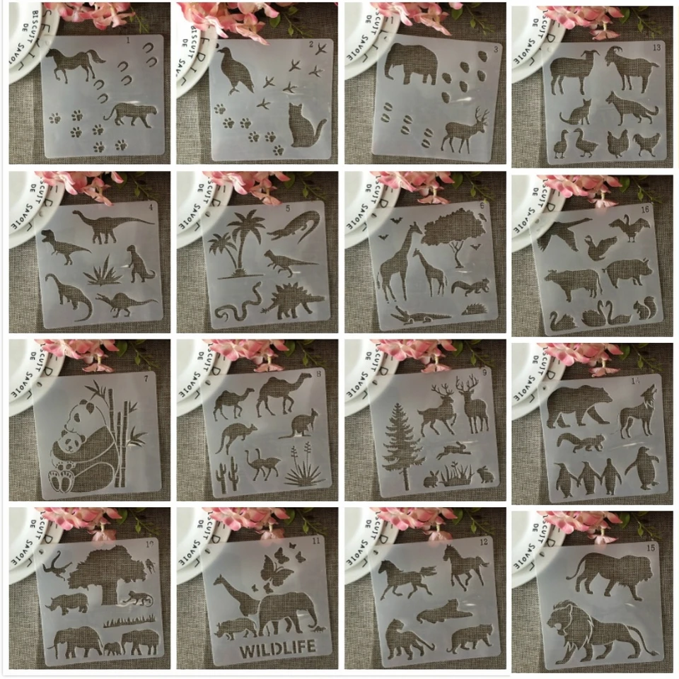16ks/set 15cm Zvieratá Dinosaur Lion DIY vrstvenie šablóna maľba zošita sfarbenie Embosing Album Dekoratívna šablóna