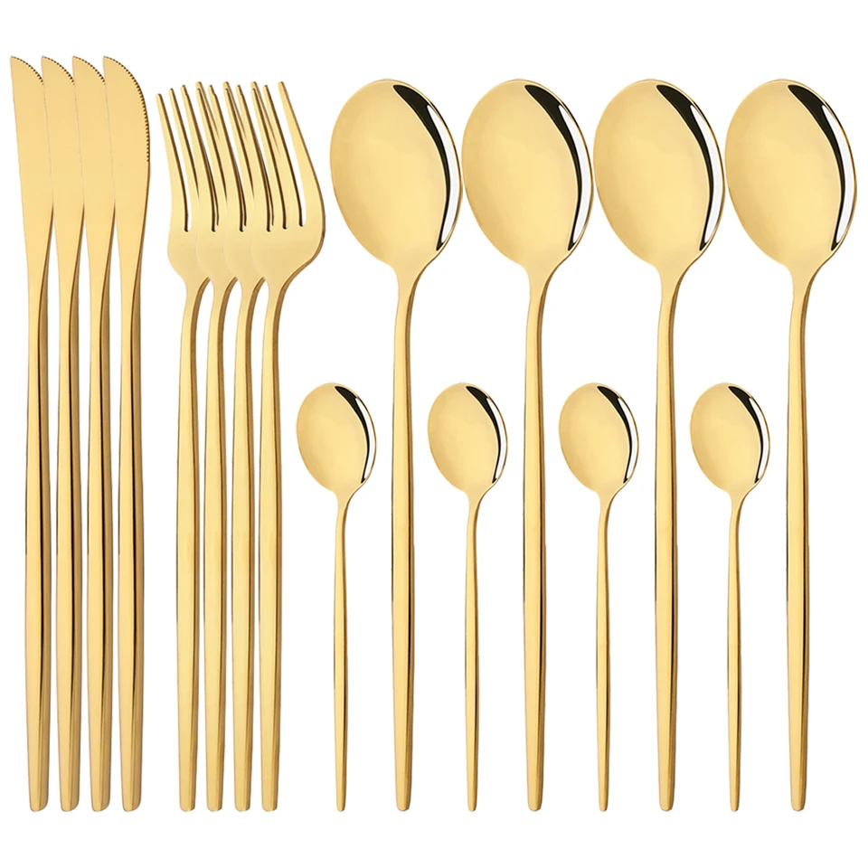 16ks zrkadlo zlatý riad set z nehrdzavejúcej ocele Cutlery Set Fork Nôž na kávu lyžičku Strieborný kuchynský prípojok súprava