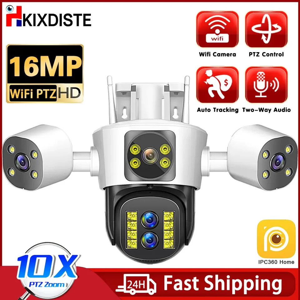 16MP 8K WiFi bezpečnostné kamery Štyri len tri obrazovky 10x Zoom Outdoor PTZ Video Cam Automatické sledovanie