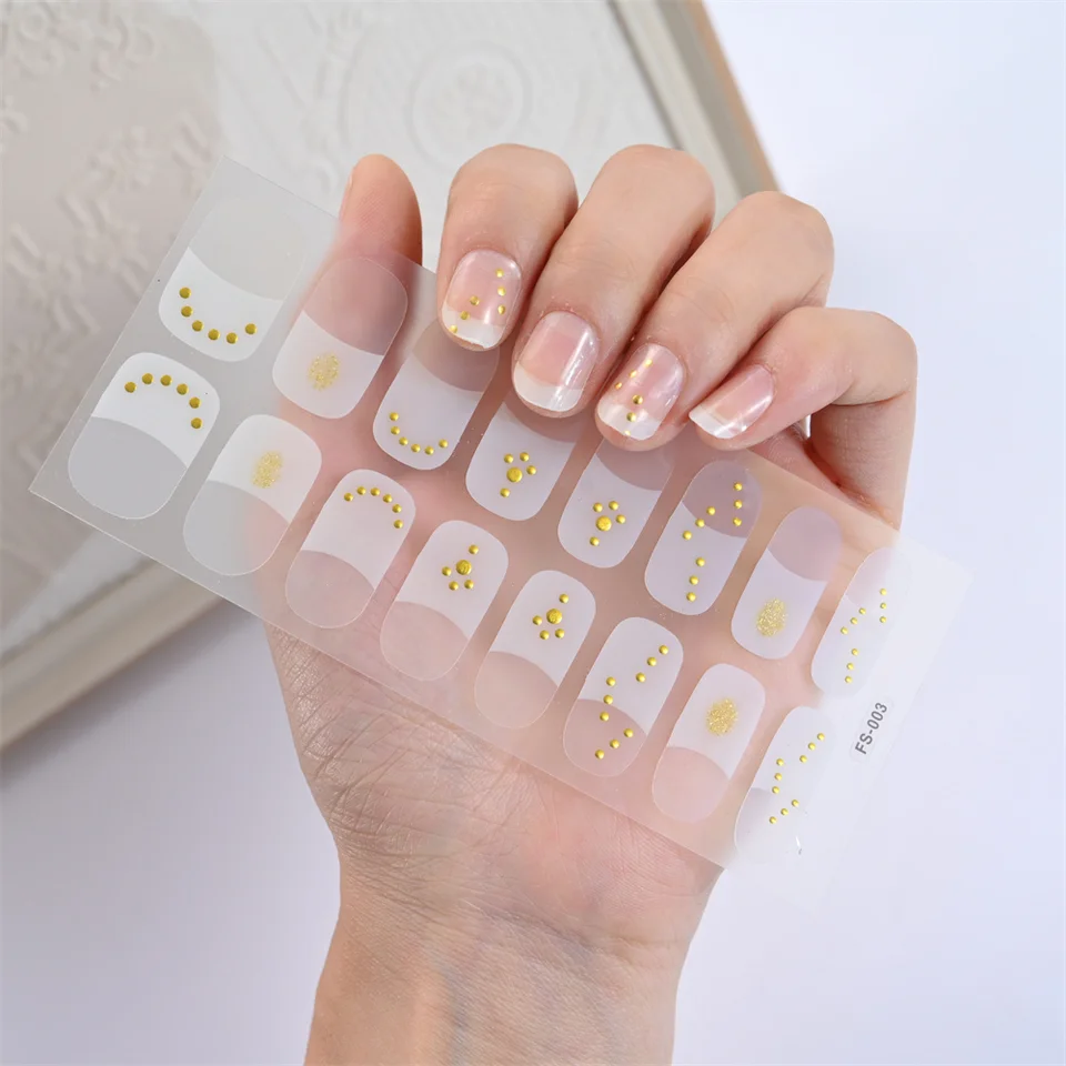 16TIPS polotvrdené gélové nálepky na nechty Dlhodobé francúzske nechtové prúžky Patch Slider UV Lampta vyliečené obtisky lesk Stiapka kamienka