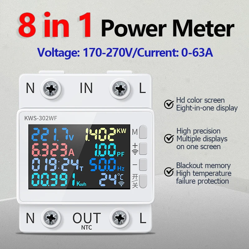 170-270V/63A Power meter 8in1 farebná obrazovka Multifunkcia striedavého energetického napájacieho napätia napätia Ampéry Watt KWH Meter na diaľku ovládanie
