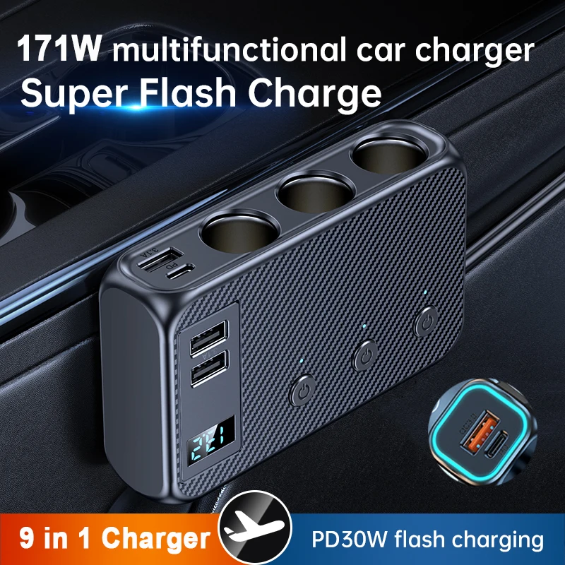 171W 9 v 1 adaptéri nabíjačky automobilu PD QC Fast Charger Adapter Socket Caži cigareta Zapaľovač Splitter Nabíjanie Nezávislé spínače