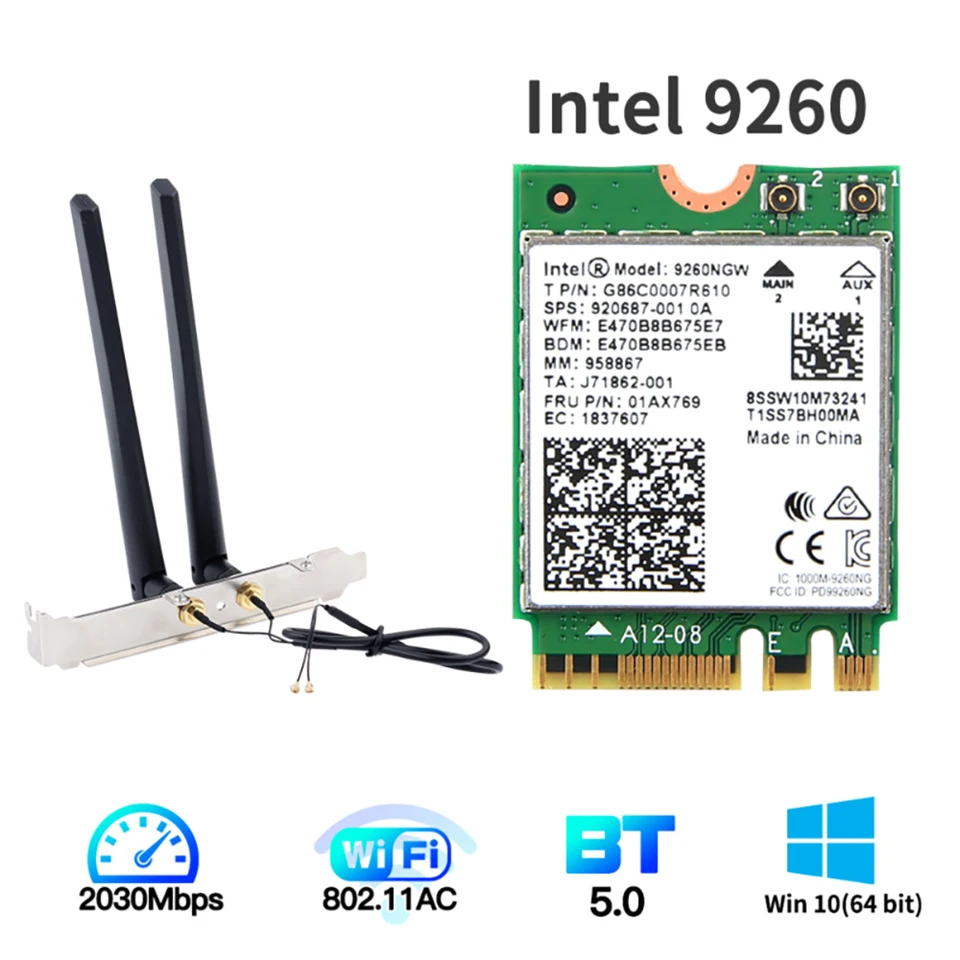 1730 Mbps pre Desktop Sit Desktop Desktop Kit s Dual Band Card Bluetooth 5.0 802.11ac M.2 9260NGW karta s 2x 6 DBI anténa pre notebook Win10