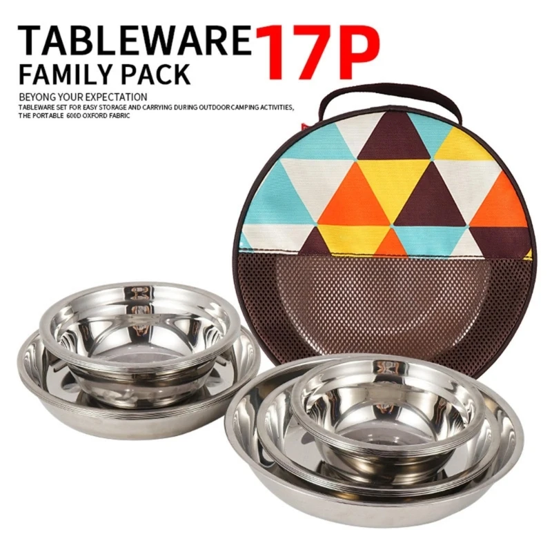17ks z nehrdzavejúcej ocele súprava na kemping vonkajšie pikniky Plates Kitchenwares H7ea
