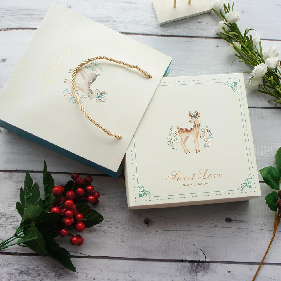 18.5*18.5*6cm 3set Winter Light Blue Elk Design Paper Box + taška ako cookie cukrová čokoláda ručne vyrobená darček sladké vianočné použitie