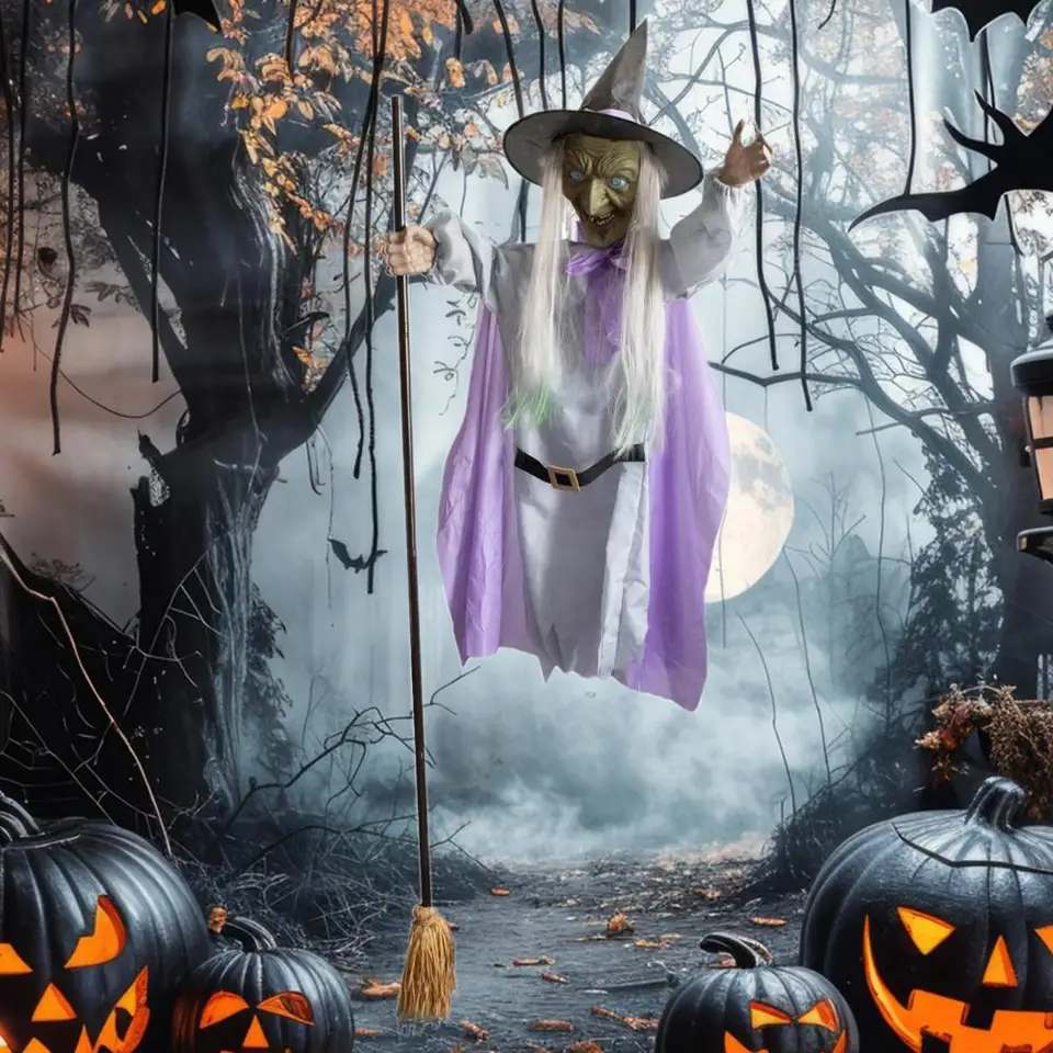 180*30 cm Halloween čarodejnícke dekorácie Flying Witch so strašidelnými zvukmi Spooky plávajúca čarodejnica s metlou pre záhradný dvor