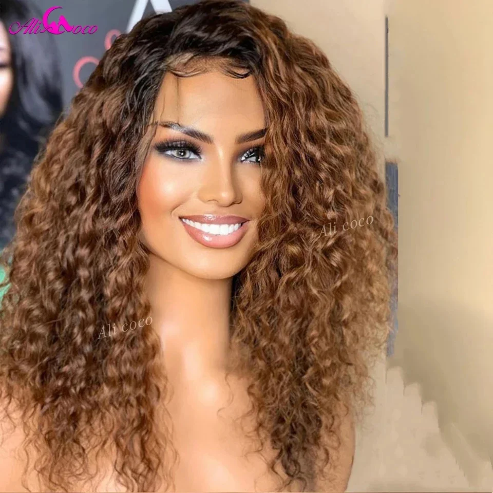 180 Hustota ombre hnedá krátka kučeravá vlna ľudské vlasy parochňa 13x4 čipky čelné ľudské vlasy parochň