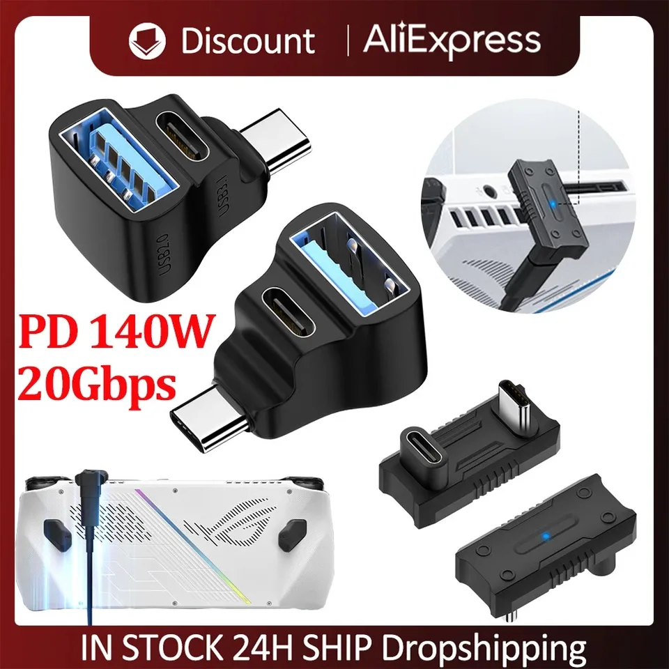 180 stupňov uhol USB adaptéra pre parnú palubu 1 až 2 adaptér USB C 20 GBPS 8K 60 Hz PD 140W Predlžovací konektor pre Ally ASUS ROG