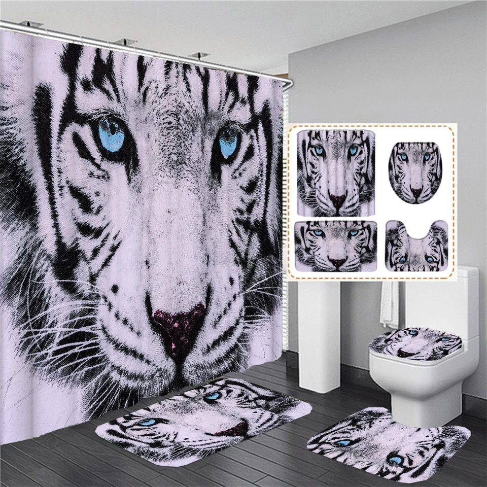 180x180 cm Tiger Sprchové závesy Tlačová tkanina Kúpeľňa záclony Sada toaletných veka kryt