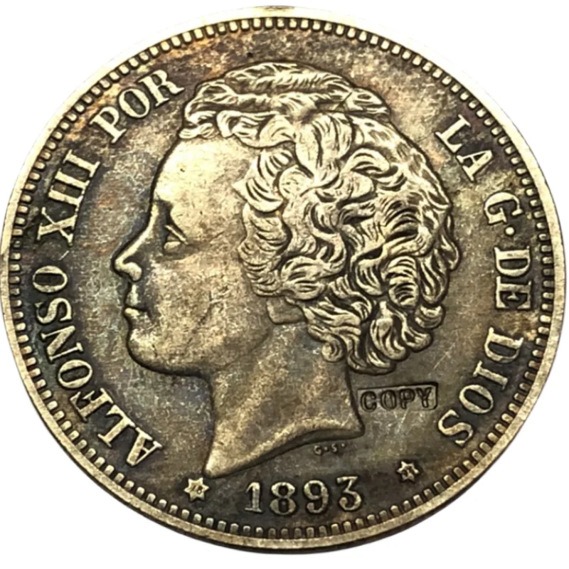 1893 Španielsko 5 PESETAS-ALFONSO XIII 2. Portrét VII Kopírovanie mince