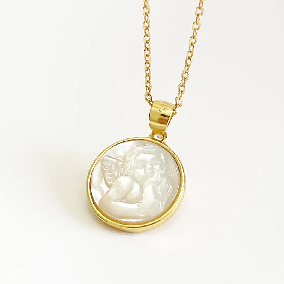 18k zlatý autentický 925 Sterling Silver White Shell Guardians Angel Baby Wings Coin Prívesky Náhrdelníky C-B627