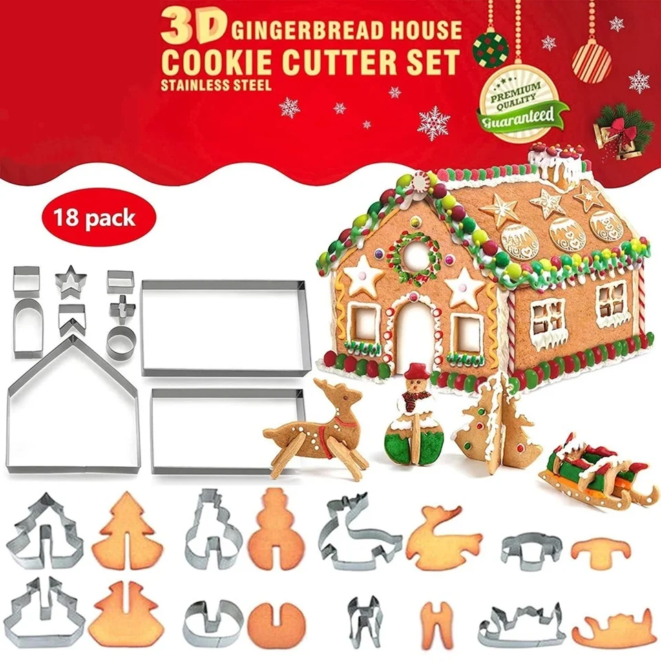 18ks perníkový dom Cookie Cutter Set z nehrdzavejúcej ocele 3D vianočný dom Fondant sušienky Čokoládové formy na pečenie