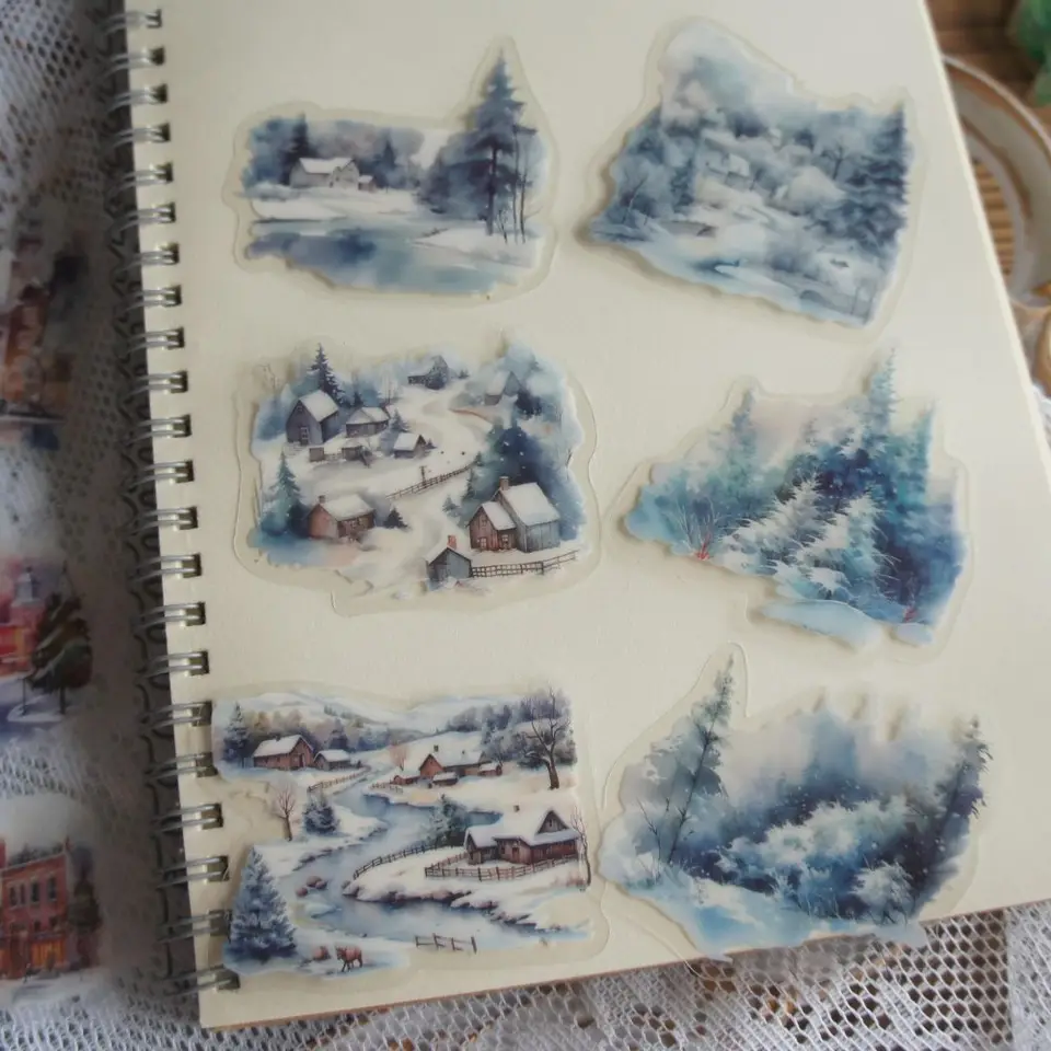 18ks vianočné zasnežené mestské lesné dizajn PVC nálepka Scrapbooking DIY Darčekové balenie štítok
