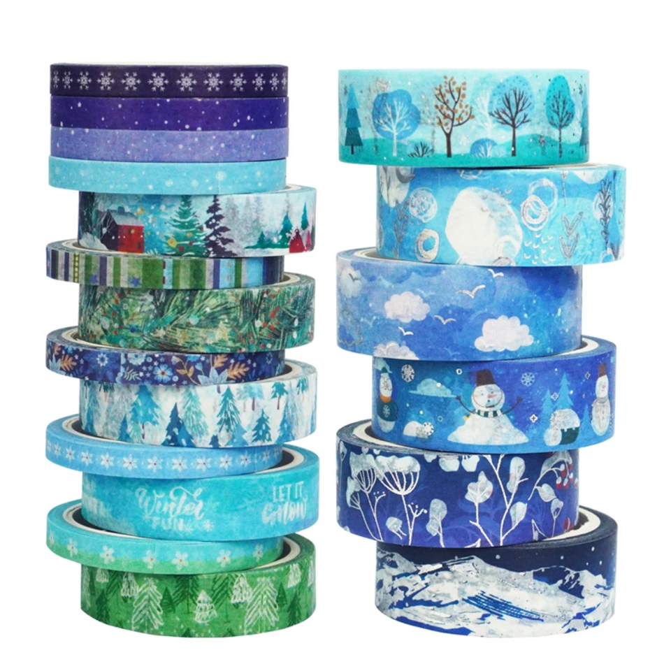 19 ks/set modrý les Snowflake Strieborný vianočný stromček Washi Tape Set Scrapbooking DIY Journal Stationery Deco Art Supplies