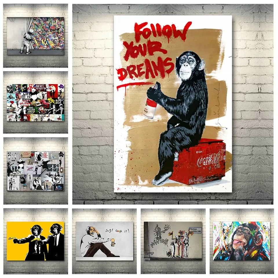 19 typov banksy graffiti plagáty opice šimpanz Sledujte svoje snové citáty plátno maľba nástenné plagáty spálne domáca dekorácia