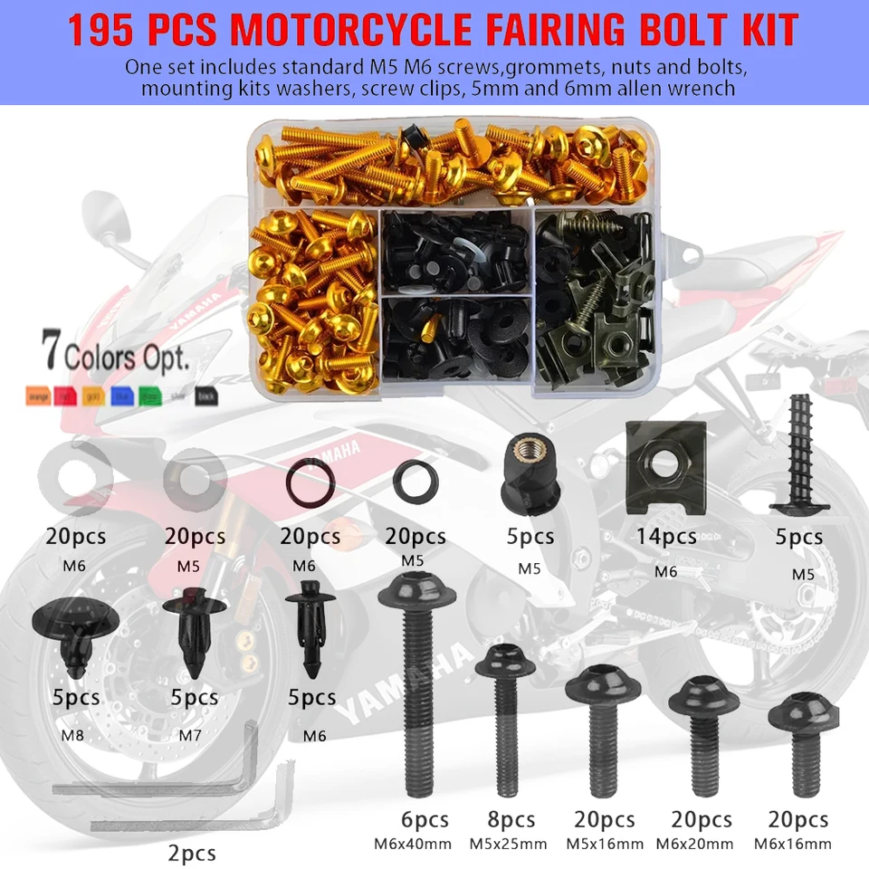 195ksové skrutky telesného skrutiek na kapotáž pre Yamaha Yzf R1 R3 R6 R6S R25 FZ1 FZ6 FZ8 MT07 MT09 FZ07 FZ09 TRACER FZR 600 750R