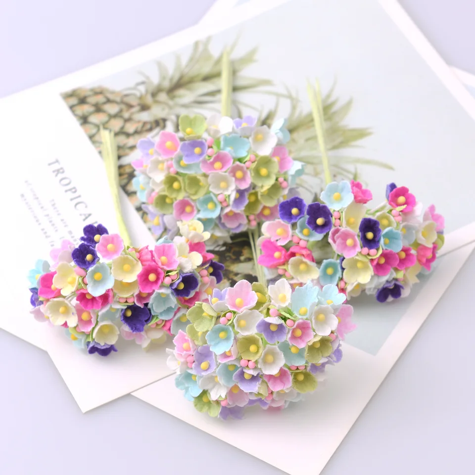 1bunch \ 8pcs Mini papier Rose Falošný kvetina kytica Svadobná dekorácia umelý kvet DIY scrapbooking girland vence kvety