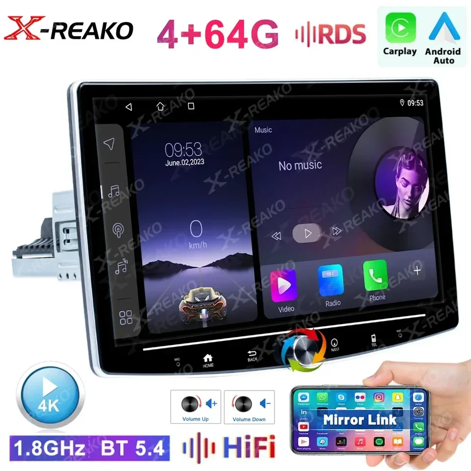 1Din 360 ° Rotujúca rádio Android Car 10,1-palcový 4K Universal Audio Audio Multimedia Player WiFi GPS CarPlay SWC Zadná funkcia Zadný pohľad