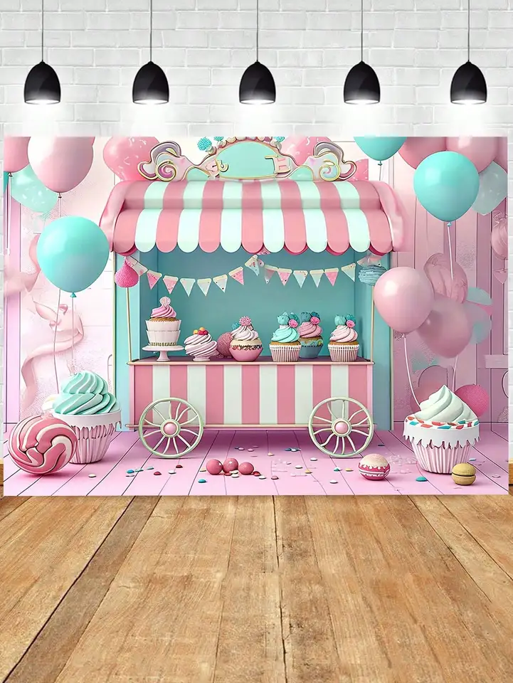 1K- zmrzlina narodeninová oslava v pozadí Candy Store Girl's Birthday Party Ružové pozadie sladké lízatko zmrzliny Balloo Balloo