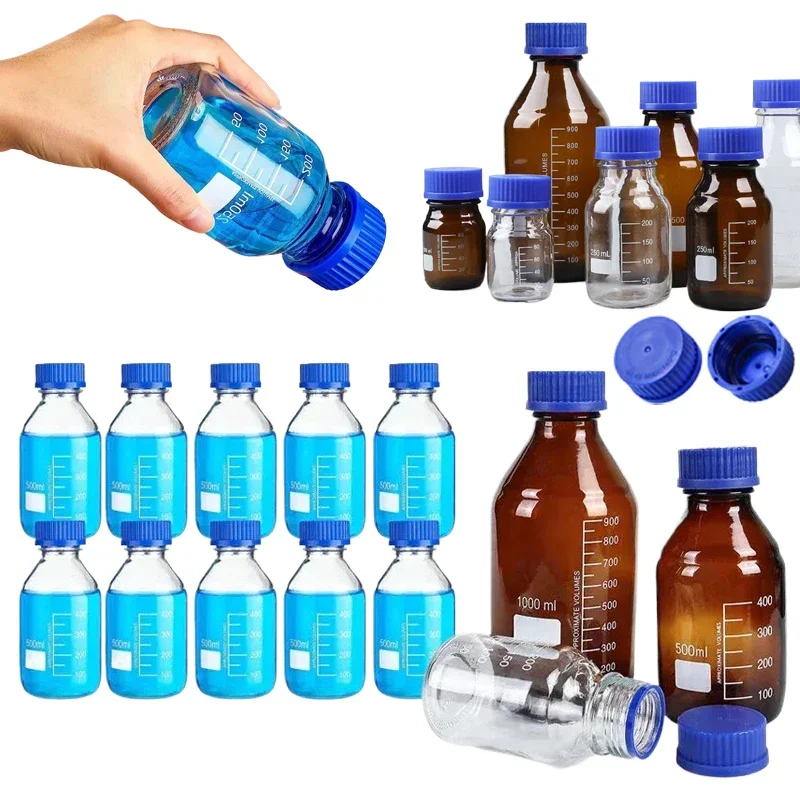 1ks 25 ml-1000 ml, ktorý nie je vysoký borosilikón okrúhly sklenený médium Skladovacie fľaše Lab fľaša s modrým GL45 skrutkovacím uzáverom pre kvapalinové činidlo