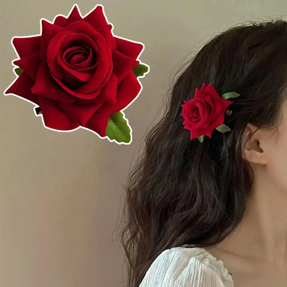 1ks Red Retro Rose Flower Elegantné elegantné módne vlásenky Vysoko vyzerajúce kvetinové brošne vlasy brošne