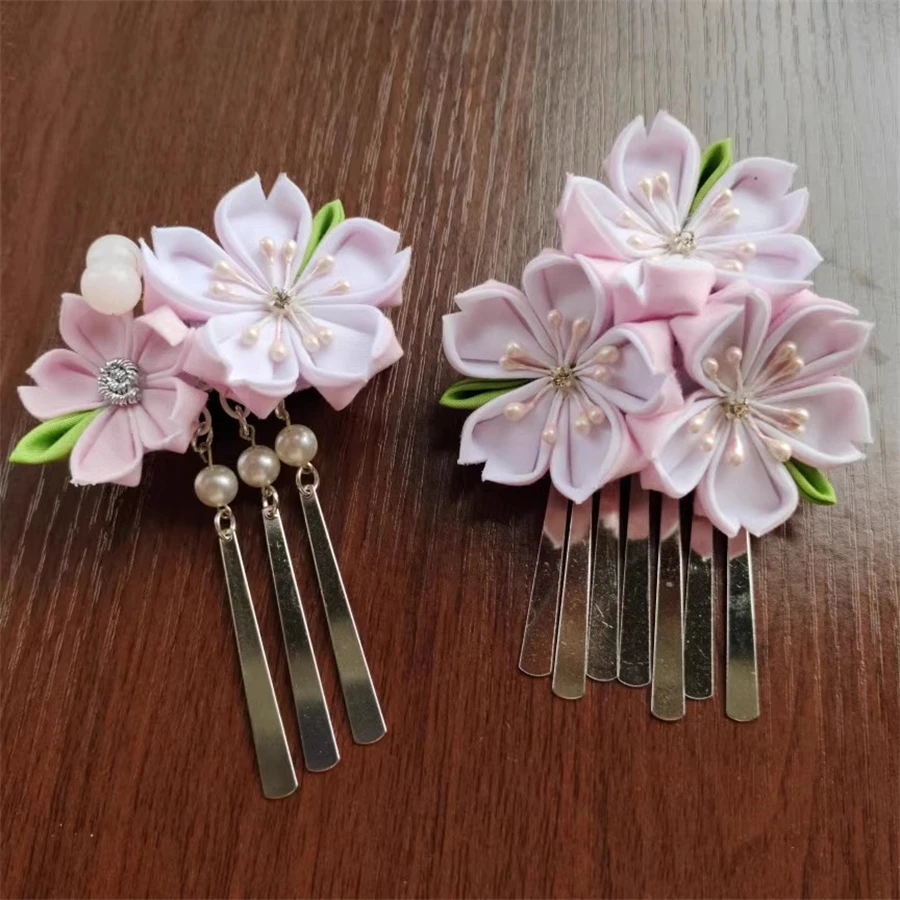 1ks ručne vyrobené ružové kvetinové klip na vlasy japonský štýl Kimono Yukata Headdress