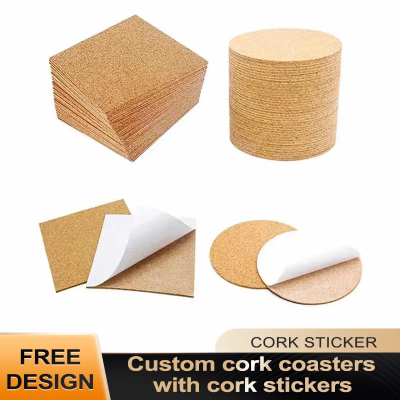 1mm2mm3mm3 mm Round Square Cork Coaster Self-spadne nekĺzavý korkový tesnenie s lepiacou nálepkou na korokovú nálepku