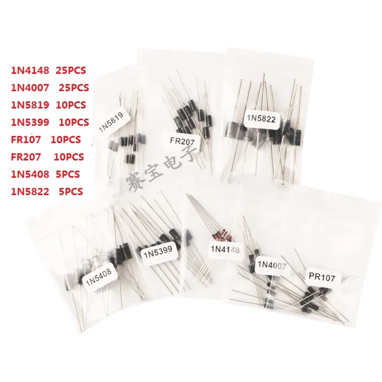 1N4148 1N4007 1N5819 1N5399 1N5408 1N5822 FR107 FR207,8Values ​​= 100ks, balík elektronických komponentov, DIODE SPRÁVA KIT
