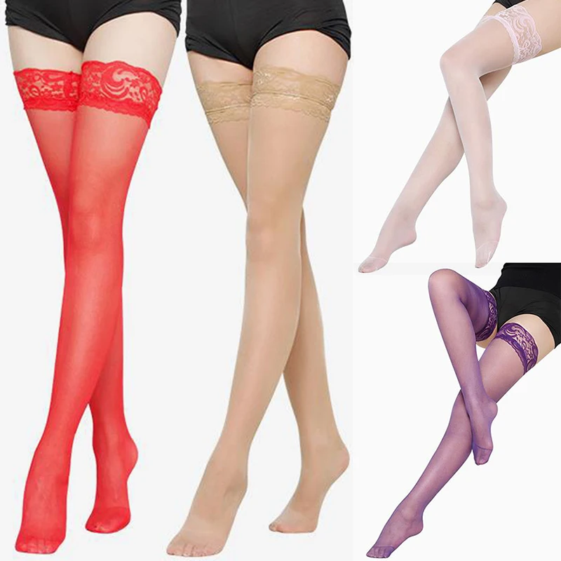 1pair Dámske sexy pančuchy číre čipkové stehno vysoké pančuchy siete pre ženy ženské pančuchy ružová fialová koža červená