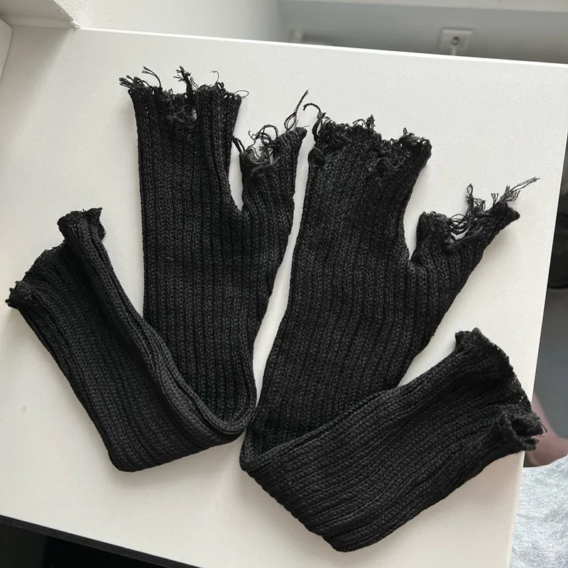 1Pair čierny potrhaný punk unisex bez prstov pletene pletené rukavice Ženy Men Dĺžka lakťové rukavice rozbité roztiahnuté rukavice