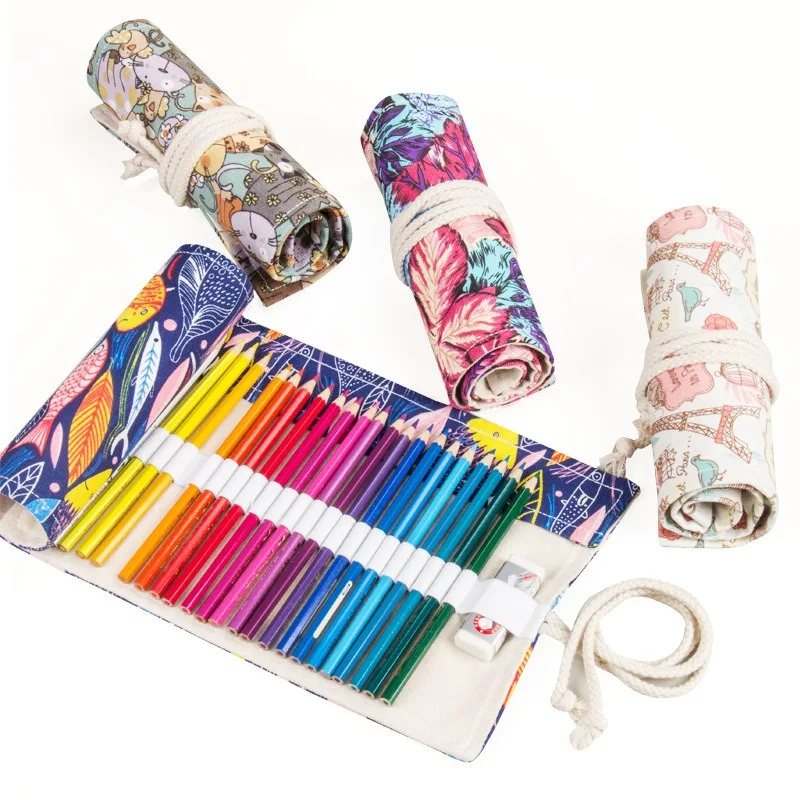 1pc 12 jamiek Roll Colored Cencil Case Case Kawaii School Canvas Pen Bag pre dievčatá chlapci roztomilé veľké ceruzka