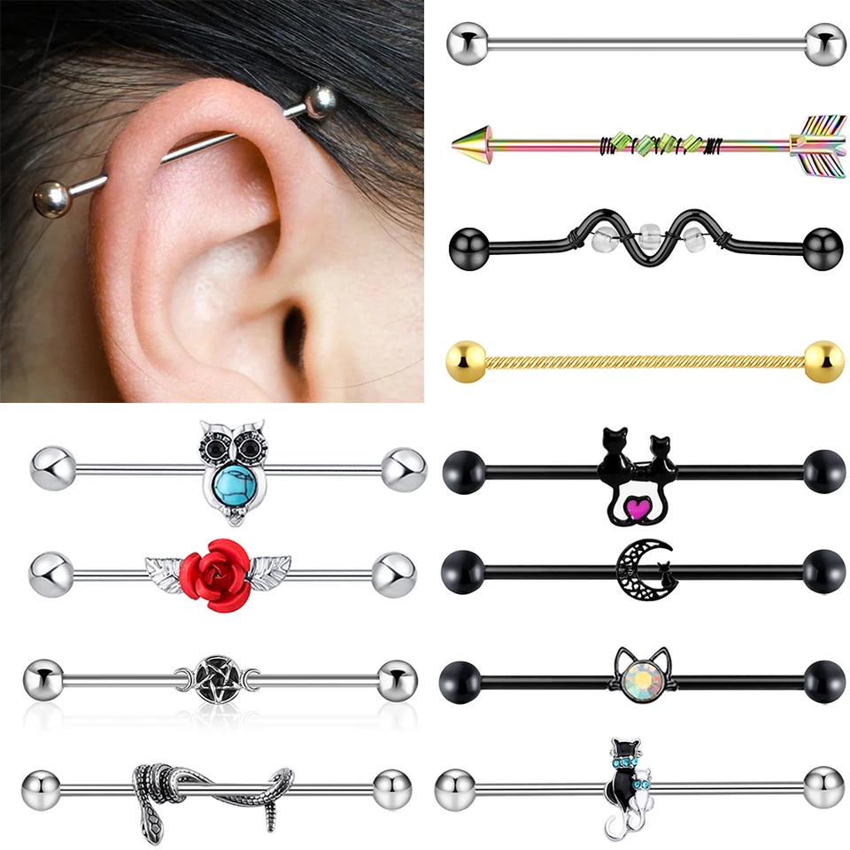 1PC 14 GREATICKÁ OCERNICKÁ OCELNÁ Priemyselná činka Barbell Ring Ear Straight Barbell Stud Chrupav Chrupav náušnice Helix Body Piercing Jewelry 14G