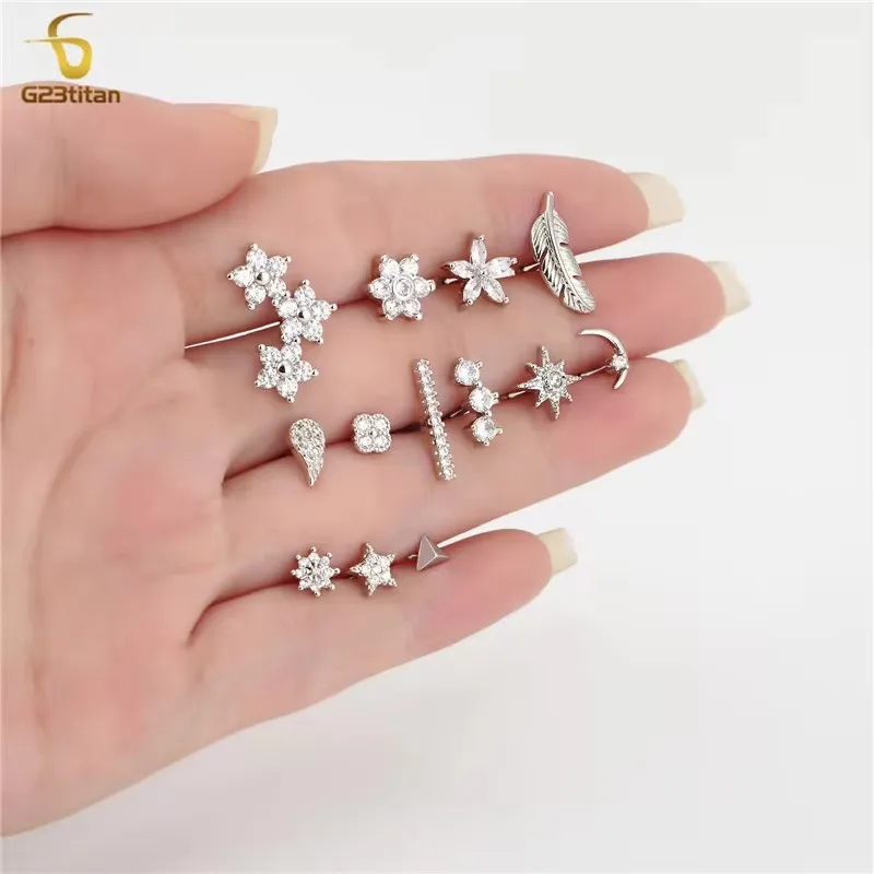 1PC 16G Titán alebo oceľová chrupavka Helix Piercing Jewelry Crystal Flower Star Lobe Lobe Tragus Daith Screck Back Stud náušnice
